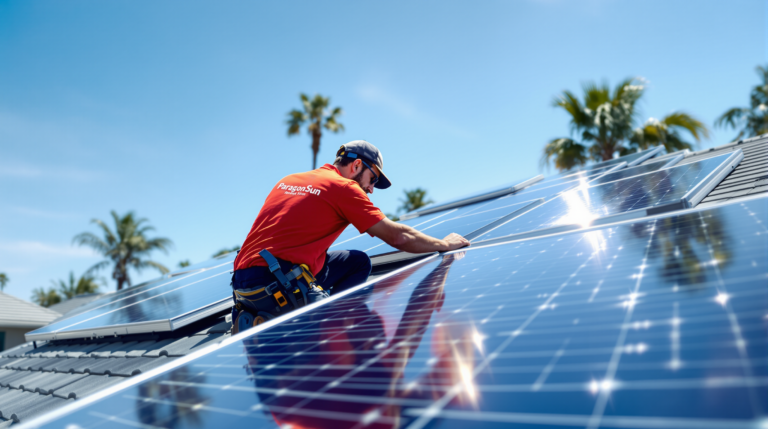 Solar technician inspecting solar panels on residential roof
