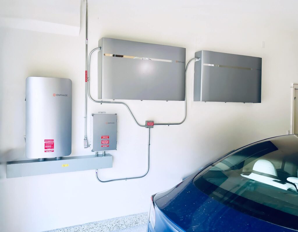 Enphase battery storage mounted on interior garage wall